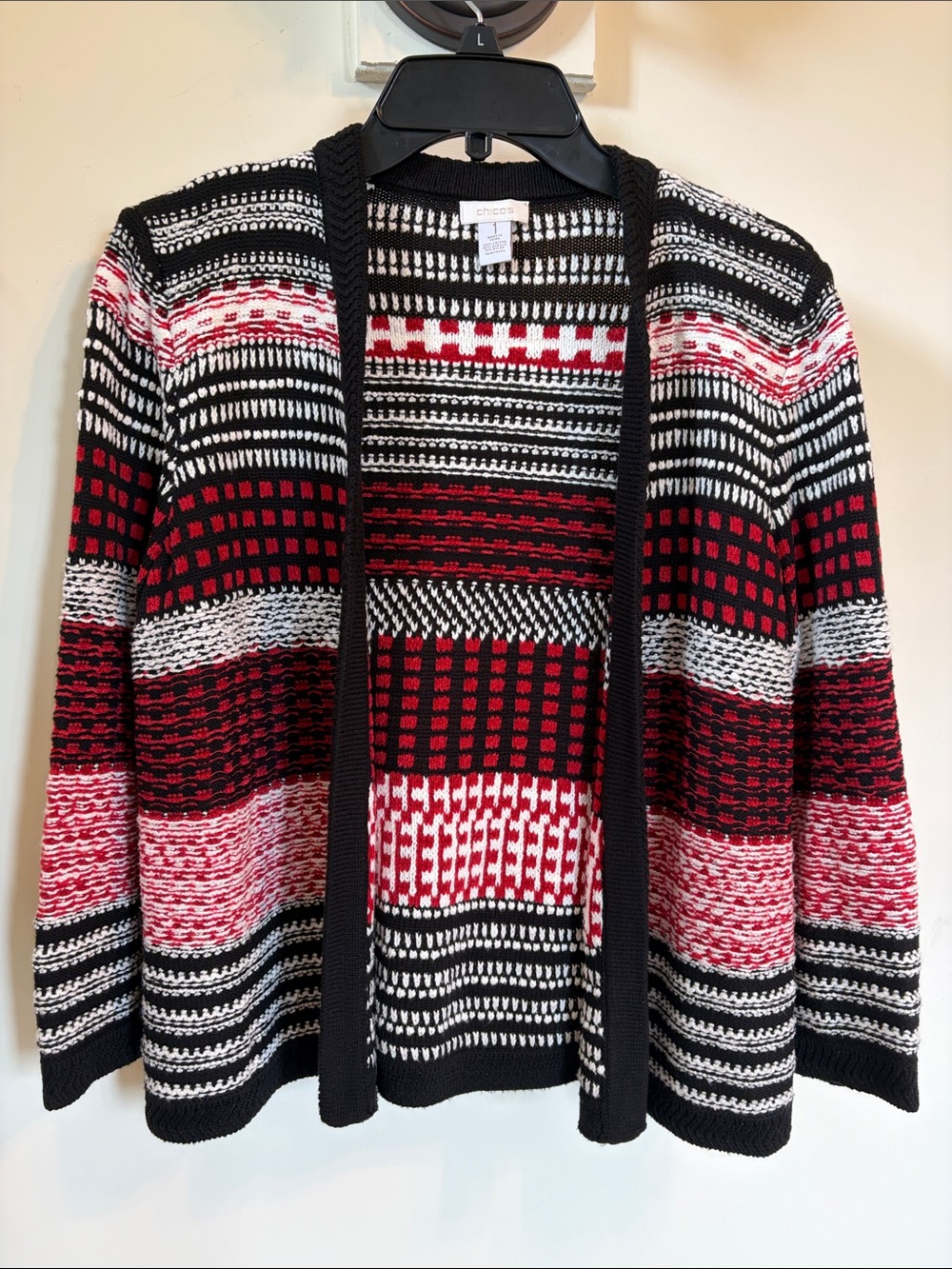 Chico’s Open Front Cardigan Size 1 M Black Red Ivory Mixed Pattern Knit Sweater